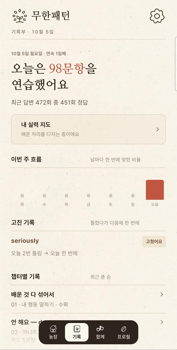 기록 화면 — 오늘은 98문항을 연습했어요